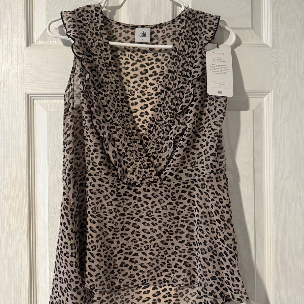 CAbi Taupe Leopard Ruffle V-Neck Sleeveless Blouse